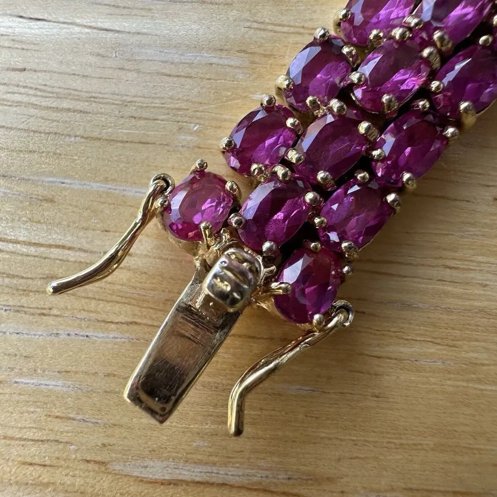 Link Bracelet Lab Pink Sapphires 3 Tier Size 7 Gold Plated Sterling Silver 42.7g